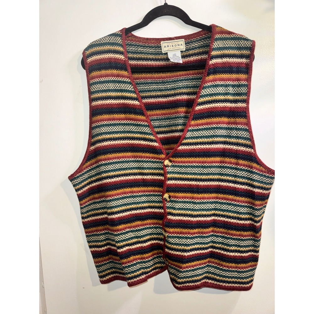 Arizona Jean Co Vintage Multi Color Striped Knit Sweater Vest Mens Large Ramie